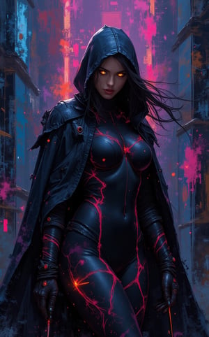 A mesmerizing neon spray paint portrait capturing a female goth cyberpunk rogue in a hidden pose. Her fiery orange eyes glow with intensity, standing out against the textured impasto background. She is adorned in a matte black bodysuit with crimson cybernetic circuitry running across her limbs, a futuristic dagger held at her side. Her hooded cloak is splattered with neon spray paint, a tribute to his chaotic and rebellious nature. The dynamic brushstrokes and sense of movement create an immersive visual experience, reflecting the artist's surreal interpretation of stealth and survival in a dystopian future. A vibrant neon glow enhances the depth and texture of the impasto, with a towering futuristic cityscape in the distance, barely visible through the mist, spatula acrylic, 8k, night vibrant colors.