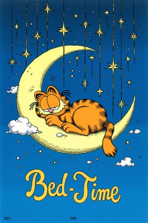 A whimsical and enchanting illustration of Garfield peacefully sleeping on a crescent moon adorned with golden stars. The moon is surrounded by some fluffy white clouds and cascading stars, creating a celestial backdrop. The starry sky exudes a sense of serene tranquility. The phrase "Bed Time" is elegantly written in golden cursive letters at the bottom, adding a touch of fashion and elegance to the creative illustration.