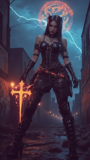 A female stoic Goth Soldier, standing amidst the urban decay of graffiti-laden walls and eerie neon lights. intricate fantasy mysticism enhance her imposing figure. Her sexy armor, with spikes and chains, shimmers under the neon glow. In her hand, she clutches a glowing gothic cross symbol, surrounded by swirling arcane runes, exuding an aura of mystical power. Lightning clouds with orange fire cutting through the shiny sky, enhancing the brooding atmosphere. The Goth Soldier's presence embodies the dark fusion of ancient magic with urban rebellion, a symbol of strength in a decaying world.