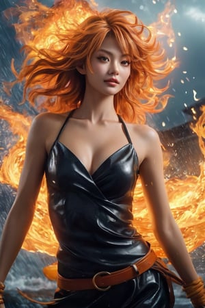 hyperrealistic, a masterpiece live-action movie poster. A breathtakingly realistic image of Nami from One Piece, epic composition, dynamic angle, dynamic position, speed effect, epic storm and lightning background, plumes of jet black plumes smokes, In the style of Prokoko, radiating an otherworldly aura. Showcase her sexy figure and beaming smile. Utilize advanced techniques to capture subtle lighting, texture, and attire details. Exude an atmosphere of awe-inspiring wonder, as if she is about to unleash divine energy. Bring this extraordinary visual to life with 3D rendering and meticulous attention to detail.
