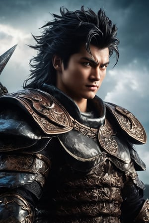 hyperrealistic, a masterpiece live-action movie poster. A breathtakingly realistic image of Gattsu from Berserk rests his hands on his large rune sword, evil grin, spark in the eye, a storm in the horizon, backlight, hybrid Super Saiyan form, radiating an otherworldly aura. Showcase his chiseled physique, wild hair, and slight evil smile. Utilize advanced techniques to capture subtle lighting, texture, and divine attire details. Exude an atmosphere of awe-inspiring wonder, as if he is about to unleash powerful divine energy. Bring this extraordinary visual to life with 3D rendering and meticulous attention to detail. Set in a whimsical, imaginative, and lively environment, showcase his powerful unexpected tricky move.