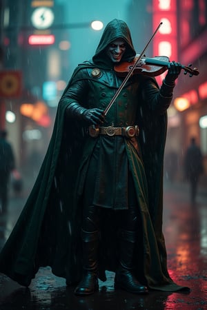 Cyberpunk medieval fusion, A photo of Doctor Doom standing at the edge of a rain-soaked street. Doctor Doom's wild expression and his symbolic suit is drenched from the downpour. He holds a violin and plays an eerie melody with a twisted smile. The background contains neon signs that flicker, casting a colorful glow over the scene, dynamic posture, precise anatomy of body and hand, movie special effects grade style. 