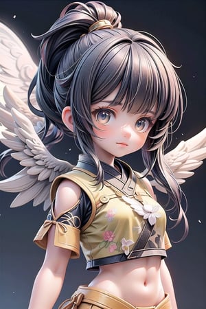 best quality, masterpiece, beautiful and aesthetic, vibrant color, Exquisite details and textures,  Warm tone, ultra realistic illustration,	(cute asian GIRL, 17year old:1.5),	(angel theme:1.4), cute eyes, big eyes,	(a sullen look:1.2),	cinematic lighting, ambient lighting, sidelighting, cinematic shot,	siena natural ratio, children's body, anime style, head to toe, dynamic seductive pose,	dark coral ponytail hairstyle with blunt bangs, crop top bikini, ultra hd, realistic, vivid colors, highly detailed, UHD drawing, perfect composition, beautiful detailed intricate insanely detailed octane render trending on artstation, 8k artistic photography, photorealistic concept art, soft natural volumetric cinematic perfect light. 