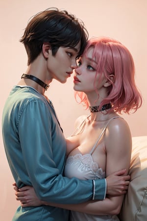 (masterpiece:1.2, best quality), (Soft light), (shiny skin), 1 boy kiss 1girl, deep in love, looks to each other, off shoulders, coral hair, breast hold, choker, cleavage, collarbone, pajamas, green eyes, big tits, short hair, pink background, blue eyes, masturbation, very realistic 