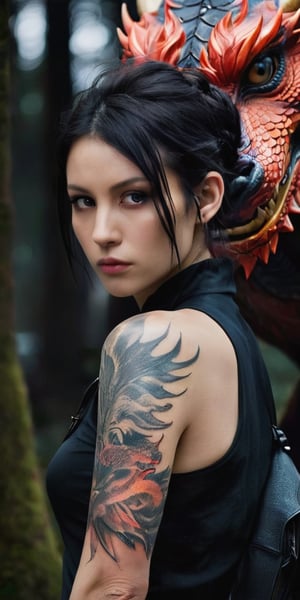 Japanese live-action movie, a striking photograph capturing the essence of 'The Girl with the Dragon Tattoo.' The protagonist, with a piercing gaze and unruly hair, wears a tattoo of a large, fiery dragon that seems to come alive on her arm. The tattoo glows vibrantly, casting a mesmerizing aura. The background is dark, with a hint of a mysterious forest, adding to the overall atmosphere of suspense and intrigue.