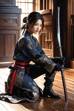 ((masterpiece)), ((best quality)), (((photo Realistic))), (portrait photo), (8k, RAW photo, best quality, masterpiece:1.2), (realistic, photo-realistic:1.3). A mysterious figure, a female sexy ninja assassin, seated on a wooden floor. The figure is wearing a traditional straw hat and is holding a weapon with hiper bioluminence glowing inscriptions. The background is full of ancient historical ambiance. The overall color palette is dominated by dark shades, with hints of blue and green, adding to the mystical aura of the scene.