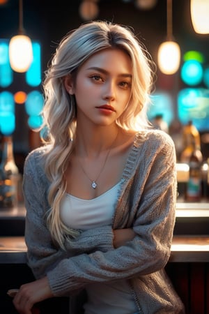 ((masterpiece)), ((best quality)), (((photo Realistic))), (portrait photo), (8k, RAW photo, best quality, masterpiece:1.2), (realistic, photo-realistic:1.3). A beautiful girl with silver hair in an open sweater is leaning on the counter of a cyberpunk bar, smiling at the camera, photorealistic with a cinematic look featuring a bokeh effect, depth of field with sharp focus on the subject and intricate details in the skin texture, soft lighting with HDR and volumetric light, shot on a Sony A7 III