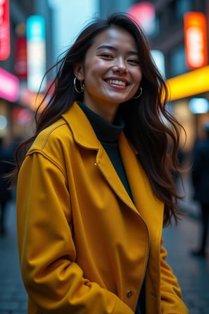 Ultra-realistic portrait photo, 21-year-old fashionista, gentle geometric pose, joyful expression, flowing hair, vibrant lights street, Matrix-inspired urban environment, stylish yellow sweater-coat, Acne Studios winter 2047 collection, random colors, navy and yellow tones, intricate details, dynamic shadows, futuristic cityscape, Canon EOS R5, 50mm f/1.2 lens