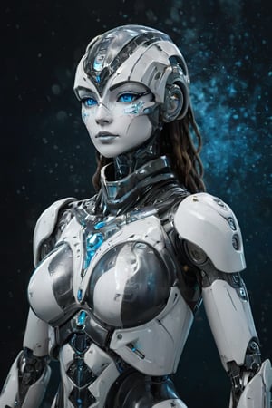 hyperrealistic, a masterpiece, (1girl), (full body), (futuristic sci-fi glassy body with gleam white mecha), Beautiful young girl, symmetrical eyes, realistic facial expression, sharp focus, HD, highly detailed l. Birth of Venus, ice princess, with pure white shiny translucent Egyptian Arab skin android with large tribal tattoo, digital tattoos and cyberware augments on a deep sea of stars and nebula, Botticelli style, blue crystal eyes, advanced humanoid robot, braided hair. heavy snowing ice kingdom background.