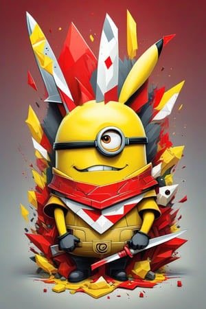 A whimsical artwork. A amesmerizing fusion of Minion and Pikachu, is depicted with an elongated face adorned with bold, geometric shapes and a vibrant color palette of red, yellow, white. Wielding a Big Chief knife with a sinister, reflective blade that reads "DEADTH" the subject exudes danger and unease. 3D comical caricature