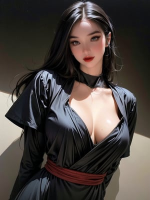 ((masterpiece)), ((best quality)), (((photo Realistic))), (portrait photo), (8k, RAW photo, best quality, masterpiece:1.2), (realistic, photo-realistic:1.3). movie still, magazine cover. A striking 8k portrait of a gorgeous alluring woman in a black sexy samurai suit, showcasing her toned body and long dark hair. She has dark, intense eyes and a goddess's face. The woman wields a long gleaming katana at dynamic jumping action pose and is adorned in intricate, maximalist transparent attire. The background is a blend of dark and light tones, with a nod to anime-inspired elements. This stunning artwork is trending on ArtStation and is a masterpiece by the talented artist,