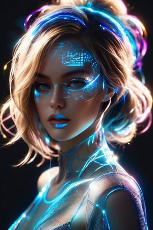 smokes, sparkles, complex 3d render, ultra detailed absurdres, highres, 8k, CG, wallpaper, (realistic, photo-realistic:1.3),Amazing, finely detailed, best quality, bokeh, depth of field. An ultrarealistic, futuristic portrait of Vanessa Paradis, where half of her body is meticulously rendered in neon blue wireframe. Her human side captures her enchanting eyes, delicate features, and flowing blonde hair, while the wireframe side intricately maps out her form with glowing lines and pulsating nodes. The outfit she wears is chic and modern, seamlessly integrating with the wireframe structure for a truly captivating look. The background blends natural and digital elements, creating a harmonious fusion of organic and technological beauty. The artists' initials, "PJ," are discreetly signed at the bottom.