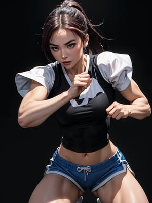 Realism style,Professional Chun Li Cosplayer, martial arts beauty, fit, beautiful, slender, natural curves, natural upper body, attractive, dark red hair, bowed hair, ponytail, serious expression, sports shorts, sports, high-kick, studio room, photoshoot, movement, motion, close-up, 3d digital art, amazing cinematic wallpaper in 16k, 4k, 8k, 16k, 4k upscaling image art, ((full body character concept)), ((((amazing masterpiece digital art, hdr, uhd, depth of field, blurry black background)))), ultra photorealism 

