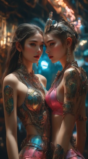 An allring scene of a gorgeous embraced couple. A spectacular cyberpunk-inspired fashion show image, featuring a captivating woman-cyborg in a neon bikini, tenderly cradling a masculine brunette handsome man-cyborg. The woman's mesmerizing, neon rainbow tattoo is adorned with glowing hieroglyphic patterns, while the atmosphere is filled with hyper-realistic, hyper-detailed biomechanical filigree details reminiscent of Jan Saudek's artistic style. The fashion show unveils breathtaking designs, seamlessly blending haute couture, art nouveau embroidery, and steampunk-inspired armor. This unique blend of cinematic, portrait, wildlife photography, painting, illustration, and photo art pays homage to Alexander McQueen's elegance, offering an otherworldly display of beauty and artistry. The image, wildlife photography, vibrant, cinematic, photo, portrait photography, painting, illustration