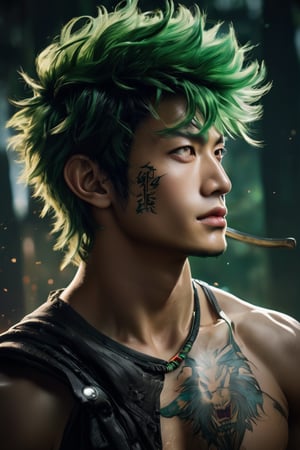 hyperrealistic, a masterpiece live-action movie poster. A breathtakingly realistic image of zoro from One Piece in his God Nika form, radiating an otherworldly aura. Showcase his chiseled physique, wild hair, and beaming smile. Utilize advanced techniques to capture subtle lighting, texture, and divine attire details. Exude an atmosphere of awe-inspiring wonder, as if he is about to unleash powerful divine energy. Bring this extraordinary visual to life with 3D rendering and meticulous attention to detail. Set in a whimsical, imaginative, and lively environment, the illustration should capture zoro with haki transformation as the legendary. Showcase his powerful tricky technique.