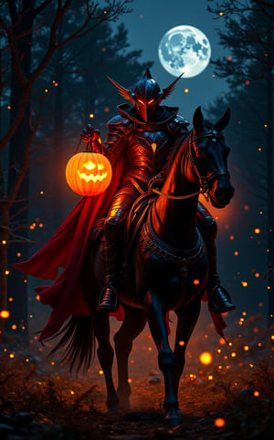 A mesmerizing movie still capturing a goth cyberpunk knight. On a Halloween night, the headless knight in fiery gloden-red armor on a black horse, he has no head over his shoulder and holds a glowing pumpkin lamp in his right hand, is riding swiftly through the woods. On a moonlit night, The image is photorealistic, detailed, and in a fantasy style. ,glowing,bright,luminous skin,glowing brightly,warm light,radiant,soft,glowing skin and vibrant, luminous features,glowing visual effects,glowing particles,neon