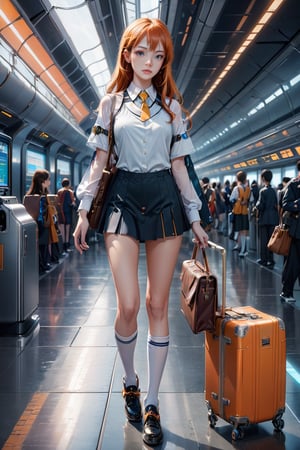 masterpiece photography, mid shot, fashional dressed young woman with orange hair and a suitcase on the sleek ground in a futuristic interior of the high-tech airport, a gorgeous portrait inspired by Harriet Powers, trending on CG society, digital art, a hyperrealistic sexy schoolgirl, hyperrealistic young alluring schoolgirl, dressed as a high school girl, realistic, epic still from a live-action movie, wearing a mini skirt and high socks, promotional still, magical school student uniform, the movie photo still, airport interior background,futurecamisole