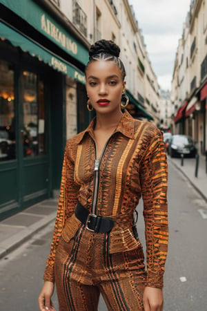 A photo of a young beautiful fit African American female model with cornrows and brown eyes, reflecting a sophisticated contemporary style. Her outfit fuses traditional Nigerian Ankara and aso-oke textile. The setting includes a street in Paris, enhancing the elegant and dynamic atmosphere. The model poses confidently, captured on film with sharp focus. The shirt and combat trousers feature reflective strips on the shirt, zipper and buckle details, an asymmetrical neckline, and ankara and neon accents.