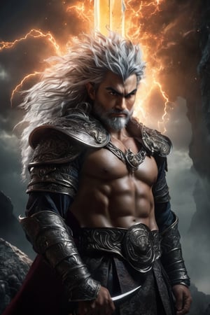 hyperrealistic, a masterpiece live-action movie poster. A breathtakingly realistic image of Gattsu from Berserk rests his hands on his large rune sword, evil grin, spark in the eye, a storm in the horizon, backlight, hybrid Super Saiyan form, radiating an otherworldly aura. Showcase his chiseled physique, wild hair, and slight evil smile. Utilize advanced techniques to capture subtle lighting, texture, and divine attire details. Exude an atmosphere of awe-inspiring wonder, as if he is about to unleash powerful divine energy. Bring this extraordinary visual to life with 3D rendering and meticulous attention to detail. Set in a whimsical, imaginative, and lively environment, showcase his powerful unexpected tricky move.