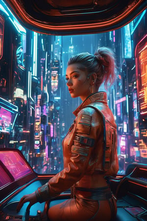 ((masterpiece)), ((best quality)), (((photo Realistic))), (portrait photo), (8k, RAW photo, best quality, masterpiece:1.2), (realistic, photo-realistic:1.3). The female cyberpunk passenger, dressed in a stylish, form-fitting outfit with high-tech elements and cyber art accents, sits confidently in the flying cab. Gravitaxi, the flying taxi, soared through a neon-lit cyberpunk cityscape. The background reveals a daring and vibrant cityscape, with towering skyscrapers and a dark, mysterious atmosphere. Holographic advertisements add to the futuristic, immersive setting, creating an overall ambiance that perfectly encapsulates the essence of a cyberpunk world. Masterpiece movie poster.