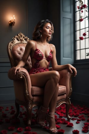 A breathtaking full body portrait of a sexy fit young woman. An epic, sensual, and very low-angle shot of a stunning woman. An alluring and provocative image of a woman from an unconventional perspective, sitting demurely on a chair, showcasing her beauty. Her outfit is a mix of delicate and bold, with petals of roses adorning her attire. The lighting is radiant and playful, casting a warm glow on her skin. Her pose is both shy and inviting, eliciting a sense of tenderness and vulnerability, while her facial expression hints at a hidden strength and smile.