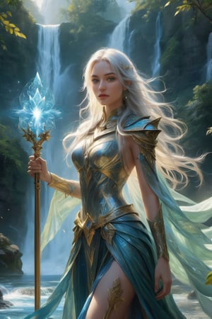 A captivating wide-shot fantasy art piece featuring a stunningly detailed and photorealistic nude Vedalken female cleric. Her striking blue skin is illuminated by glowing particles, adding a mystical aura to the composition. Her long, white hair flows gracefully, contrasting with her vibrant skin tone. Her intense green eyes convey profound depth and wisdom.
Armed with a glowing yellow mace adorned with magical symbols, the cleric stands at the base of a breathtaking waterfall, which adds a natural and dynamic element to the scene. The lush fantasy landscape in the background enhances the overall mood with its vibrant, magical atmosphere. The artwork is presented in ultra-high resolution (16k), focusing on photorealistic quality to capture every detail, from the wet textures of her skin to the shimmering reflections of the water.