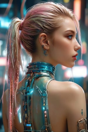 from back side, [(((shot from the back in three-quarter))), stunningly beautifu cyborg, an open back(slim perfect:0.9) (pastel colors, ((white polymer plastic cyberpunk implants)), in Bastien Lecouffe-Deharme style:1.3) (((pale skin young girl))), ::34], [((stunningly beautiful face:1.2), stunningly realistic hair, ((hairstyle with long hair braid)):1.1):10],[gorgeous beautiful young face, stern expression, ((looking into camera)), (expressive and deep eyes with glitter)++:12], [(android jones:0.8) | (analytical art:1.2) | (kim jung gi:0.5)::35], (((against the background inside the cyberpunk illegal laboratory style:1.1))), [(cyberpunk implants:0.6), high-contrast shadows, gloss, (stunning hyper photorealistic:1.4), ( RAW quality), cinematic, cyberpunk lighting from multiple sources, (realistic objects, natural reflections, natural materials, natural textures), cinematic lighting:30], ISO 100