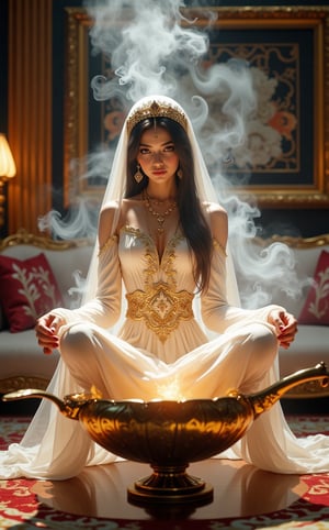 A stunning Arabian girl in an elaborate princess costume, sit cross-legged gracefully emerging from a magical lamp, surrounded by swirling white thick smoke. Magic lamp female genie. Rich, realistic colors with a focus on gold and white, showcasing intricate details of the transparent costume and smoke. In a well designed modern living room, with elegant furniture and a sophisticated decor style, highlighting the contrast between the magical and the contemporary. Highly detailed textures, accurate lighting, and realistic shadowing that enhance the three-dimensional effect. The girl's expression is serene and enchanting, and the smoke is depicted with realistic wisps and movement, adding to the magical atmosphere.