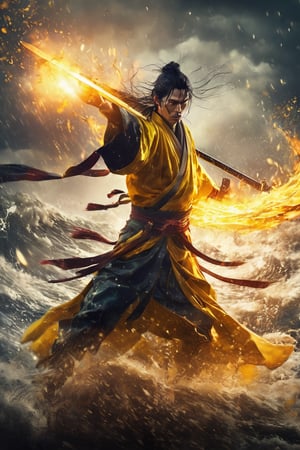 hyperrealistic, a masterpiece. A young samurai assassin in ancient China with black hair and wearing yellow Hanfu is fighting on the sea under heavy rain, right hand raised high to block an attack with a huge gleaming katana, a flame sword with intricate runes, water droplets and splashes poised in mid-air,  ready to rush forward, the detailed background features dark clouds and strong winds to create a realistic movie setting.