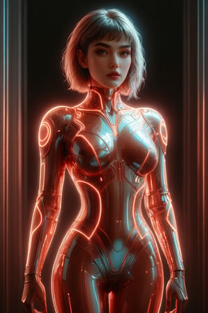 ((masterpiece)), ((best quality)), (((photo Realistic))), (portrait photo), (8k, RAW photo, best quality, masterpiece:1.2), (realistic, photo-realistic:1.3), ultra-detailed. A sexy woman is standing in front of gleaming light, wearing glossy transparent plastic futuristic clothes with eco friendly design, hollow heart shpae cut made with a few material, sharp focus, complex, highly detailed, short hair, cinematic, neon lights, candid, true colors, creative, innocent, perfect, beautiful, elegant, intricate, confident, dynamic, volumetric lighting, cinematic angle, glamour lighting vibrant,mad-cyberspace