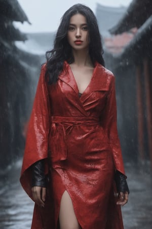 A captivating, fantasy portrait of a confident woman standing tall in the rain, exuding an enigmatic aura. She dons a black leather jacket, a red dress, and high black boots, with dark eyes and flowing loose black hair cascading down the left side of the canvas ink splash art piece featuring a strong female figure clad in a fiery red dress and a black hooded leather jacket. The contours of her face and body are boldly defined by expressive, sharply etched strokes, creating a striking contrast to her vibrant attire. The background is a whirlwind of turbulent energy, with a stormy sky and sea displaying stark lines and vivid hues. Waves crash dramatically against the shore, and the woman stands unwavering, embodying resilience, determination, and inner strength amidst the chaotic environment, ukiyo-e, dark fantasy, cinematic, poster, painting, photo, architecture, product, wildlife photography, typography, 3d render, illustration, vibrant, anime, conceptual art, graffiti, fashion, portrait photography.