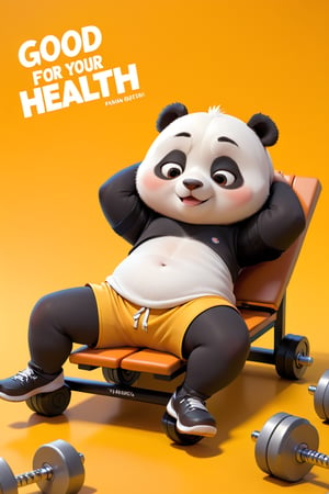 A 3D render of a cartoon style chibi panda exhausted lying down on a orange yellow background with the text "Good for your health"  in bold white Hindi text. The panda is inside a gym, surrounded two dumbbells and a metal bench. The panda is tired and relaxed, emphasizing an exhausted expression. The playful, humorous tone is reinforced by the large text font and the sleepy panda.,3D Render Style