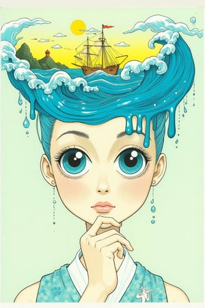 A whimsical and enchanting illustration of a woman with a large, blue, and yellow headpiece that appears to be a melting sea or sky with a small ship and islands on it. The woman's eyes are large and blue, and her expression is calm and thoughtful. The woman's headpiece could represent her thoughts and dream.