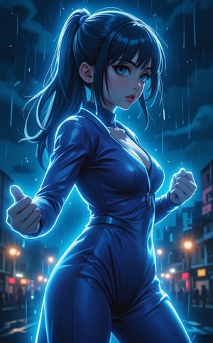 Kyoto animation anime style. A captivating attractive woman with exceptionally long hair. Glowing neon cyan outline body, a gorgeous strong girl in super saiyan form. She is casting a powerful tricky effect. The battle cry echoes through the stormy night, with thunder and rain adding to the intensity of this 8k resolution image.