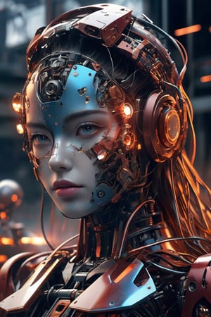 ((masterpiece)), ((best quality)), (((photo Realistic))), (portrait photo), (8k, RAW photo, best quality, masterpiece:1.2), (realistic, photo-realistic:1.3). subject completely depicted in a realistic fashional image. Photo of a broken ruined cyborg girl in a landfill, robot, body is broken with scares and holes, half the face is android, creating a hyperpunk scene with desaturated dark red and blue details, art by Otomo Katsuhiro