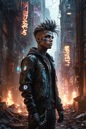 A captivating, high-quality photo of a bizarre graffiti punk scene set in a dystopian world. The focal point is a powerful, dark figure rising from the ashes, surrounded by a cloud of smoke. The figure is adorned with chains and cybernetic enhancements, and their eyes glow ominously. The background is a gritty, graffiti-laden cityscape, with towering skyscrapers and a hazy, neon skyline. The foreground features a chaotic mess of rubble and debris, highlighting the destructive power of the scene. The overall atmosphere is dark, intense, and cinematic, reflecting the dark fantasy elements and the transformation of laws into dust., graffiti, cinematic, dark fantasy