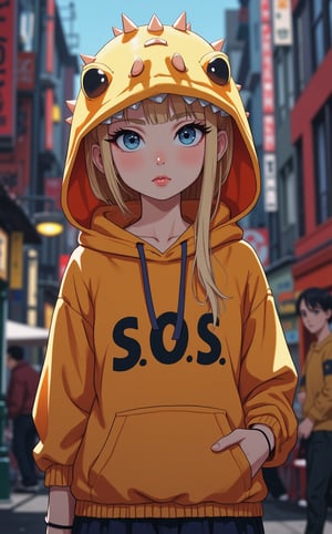 Ghibli studio anime style. A young college girl, blonde hair, blue eyes, standing in the middle of a bustling street. She is wearing a playful hoodie with a hood designed to resemble a plush T-rex head with cute, rounded teeth and spines along the top, giving it a toy-like appearance. The word 'S.O.S ' is written prominently on the front of the hoodie. Dramatic lighting emphasizes her lustful expression.