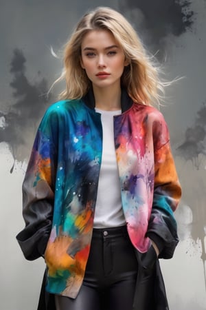 (Masterpiece, Top Quality, Best Quality, Official Art, Beauty & Aesthetics: 1.2), hdr, high contrast, (Masterpiece, Top Quality, Best Quality, Official Art, Beauty & Aesthetics: 1.2), hdr, high contrast, A stunning minimalist watercolor portrait of a woman with blonde hair, sporting a neutral expression. She is adorned with a vibrant, multicolored ink explosion cloak that cascades into an ink painting around her. The cloak, a blend of ink explosion and multi-colored elements, adds a dynamic and textured appearance. The woman wears a simple beige turtleneck sweater and black shorts beneath the cloak. The background is a plain white canvas, allowing the viewer to fully appreciate the intricate details and rich colors of the subject and her garments.,epicDiP