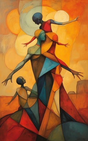 A modern art masterpiece with a abstract description of a family with colorful, geometric figures. Inspired by Dali and dadaism. The family includes a parent figure with outstretched arms, a child figure climbing the parent, and a sibling figure standing beside the parent. The background is a gradient of warm, earthy tones. The overall piece has a sense of movement and connectedness.