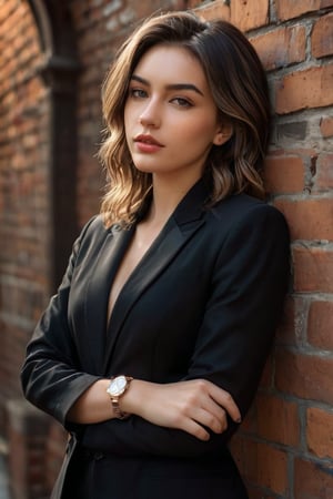 hyperrealism, studio lighting. (Best quality, 8k, 32k, raw photo, real life, photorealistic, UHD:1.2), A young woman with shoulder-length wavy hair and large hoop earrings stands confidently, wearing a black blazer with no top underneath, revealing a plunging neckline. She has her left arm crossed over her body and her right hand resting on her left arm, with a watch on her left wrist. The background features a brick wall with arched windows.