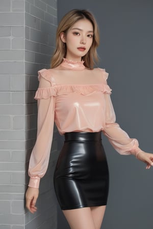 A hyper-realistic side profile. A young woman posing against a neutral gray brick wall background with little windows in it. She is wearing a shiny, glossy, peach-colored latex top with ruffled long sleeves and a black shiny skin-tight high-waisted latex skirt. Slight alluring smile. She has long, straight blonde hair and is striking a pose with one hand raised to her chest. She is also wearing shiny black translucent latex stockings that reach up to her knees., photo, portrait photography, architecture