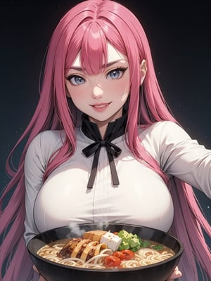 A hilarious anime scene of a girl slurping down a steaming bowl of ramen, her eyes wide with delight. Her hair is a vibrant pink, and she has a playful grin on her face. The ramen bowl is enormous, nearly as big as her head, with noodles stretching out in all directions. The solid black background highlights the colorful and quirky style of the illustration.