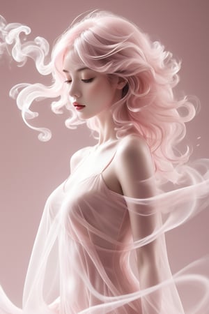 A captivating minimalist portrait of a woman, her wavy figure artfully crafted from delicate smoke in a soft pink hue. The smoke sculpture flows with a dreamy, delicate movement, capturing a fleeting moment of time. The crisp, clear lines and simplicity of the design enhance the elegance and beauty of this surreal, dreamy image.