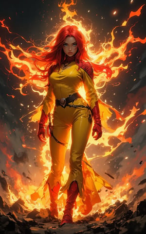 A full shot of a striking female character from a cyberpunk video game setting, radiating futuristic and edgy vibes. In the style of a Marvel comic, A young woman with spreading red fiery hair and blue eyes, she is wearing a yellow, one-piece jumpsuit, bold design clothing. She wears red gloves and boots, flaired at the ends with a jagged layer of orange, resembling flame. She is surrounded by flames and sparkles, creating an intense and fiery atmosphere. The flames around her dance wildly, illuminating her determined expression as she stands in control of the destructive energy. the powerful blaze enveloping the scene. The background is in a barren landscape, adding to the dramatic and powerful effect, by Jim Lee, fantasy art, fantasy concept art, epic fantasy movie, 