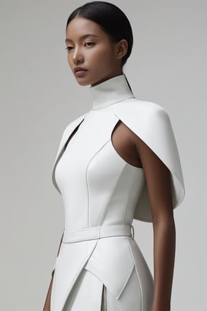 A hyper-realistic side profile. Craft a fashion concept that blends futuristic aesthetics with nomadic influences. Envision garments that seamlessly merge functionality with style, incorporating innovative materials and bold silhouettes. Consider how this fashion line caters to a nomadic lifestyle in a technologically advanced society.