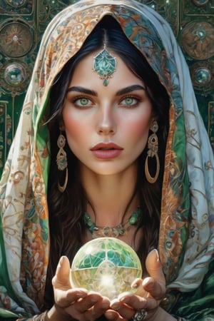 hybrid realistic painting and vintage lithograph style, watercolor drawing of a gorgeous gypsum fortune teller with long dark hair and green eyes, wearing an embroidered headscarf with many jewels around her neck, holding up a large crystal ball in her hands, close-up of her face, in the style of fantasy art, best quality, high detailed, no freckles.