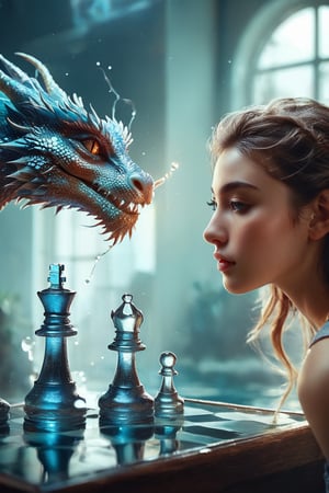 ((masterpiece)), ((best quality)), (((photo Realistic))), expressionism, realism with overdrive, a pretty girl playing chess with the big magical transparent water dragon, artistic water drops, dynamic pose, tenderness, full-color palette, octane rendering, soft natural volumetric light, bioluminescence atmospheric, sharp focus, centered composition, professional photography, complex background, soft haze, masterpiece. animalistic, beautiful, fine details, 16k, concept art