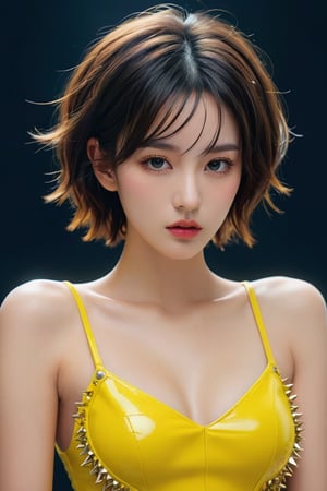 A striking photo of an alluring pretty woman. A striking portrait of a modern and fantasy-inspired fashionista, featuring a beautiful young woman with a trendy, super short, and wavy hairstyle. Her fierce look is enhanced by a few unruly spiky strands, and she wears a bright yellow outfit adorned with shimmering diamond-like accents. The glitch-like style and vibrant colors evoke a Matrix-inspired vibe, with the striking impasto technique adding depth and texture to the image. The 3D render presentation adds to the conceptual and futuristic feel of the artwork, photo, conceptual art, fantasy, fashion, ,hubggirl,xxmix_girl