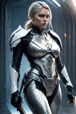 hyperrealistic, a masterpiece, gorgeous strong caucasian female fighter, wet skin, Beautiful female in futuristic attire holding a large gleam rune sword, chopping forward in the style of movie still, snapshot realism, platinum metal and white armor suit, chinapunk, cyberpunk realism,