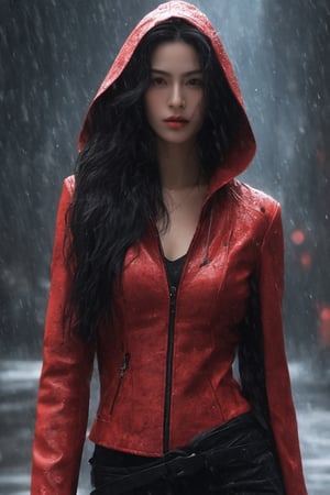 A captivating, fantasy portrait of a confident woman standing tall in the rain, exuding an enigmatic aura. She dons a black leather jacket, a red dress, and high black boots, with dark eyes and flowing loose black hair cascading down the left side of the canvas ink splash art piece featuring a strong female figure clad in a fiery red dress and a black hooded leather jacket. The contours of her face and body are boldly defined by expressive, sharply etched strokes, creating a striking contrast to her vibrant attire. The background is a whirlwind of turbulent energy, with a stormy sky and sea displaying stark lines and vivid hues. Waves crash dramatically against the shore, and the woman stands unwavering, embodying resilience, determination, and inner strength amidst the chaotic environment, ukiyo-e, dark fantasy, cinematic, poster, painting, photo, architecture, product, wildlife photography, typography, 3d render, illustration, vibrant, anime, conceptual art, graffiti, fashion, portrait photography.